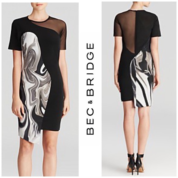 NWT Bec & Bridge Oil Slick Neoprene Print Mesh Panel Asymmetrical Dress - Picture 2 of 11
